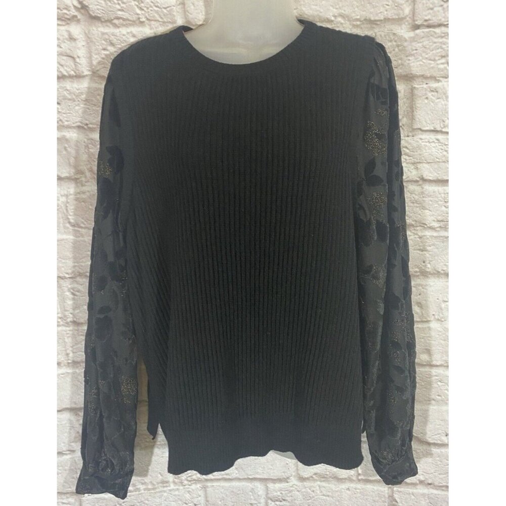 Isaac Mizrahi Live! 2X Sweater Burnout Velvet Sleeves Black Shimmer Ribbed 9708